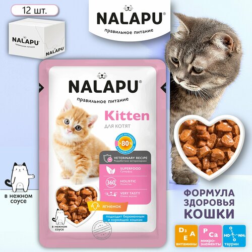 Корм для котят влажный NALAPU Kitten полнорационный консервированный корм для котят, сочные кусочки с ягненком в нежном соусе,12шт. по 77г фото, описание