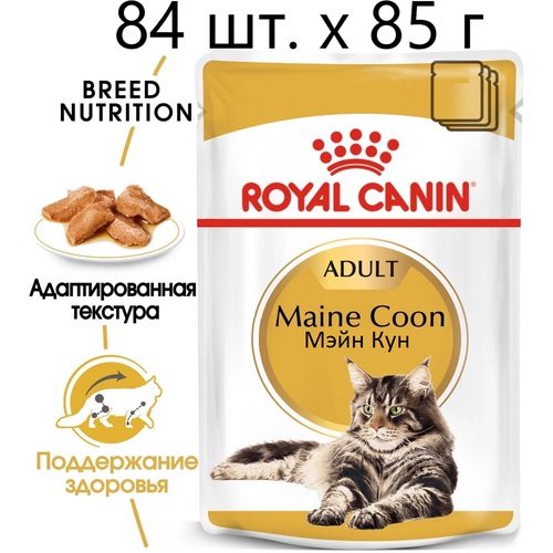 Влажный корм для кошек Royal Canin Maine Coon Adult, для взрослых кошек породы мейн-кун, 84 шт. х 85 г (кусочки в соусе) фото, описание