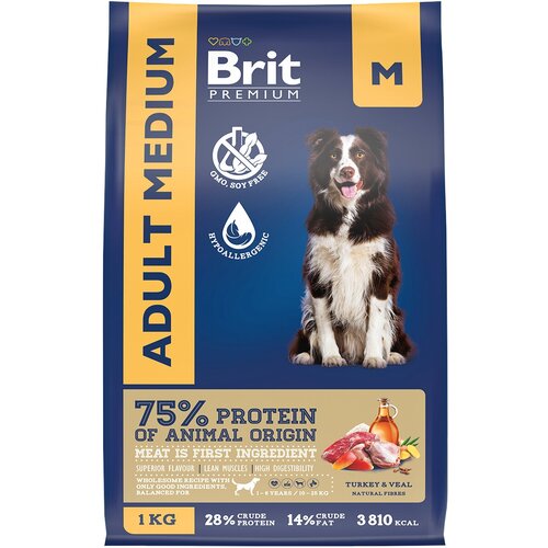 Корм сухой Brit Premium Dog Adult Medium для взрослых собак средних пород 10–25 кг, с индейкой и телятиной 1 кг фото, описание