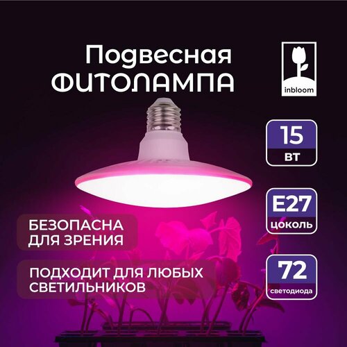 INBLOOM Лампа светодиодная для растений 72LED фиолетовый, 13x8см, E27, 15Вт, 220В, пластик фото, описание