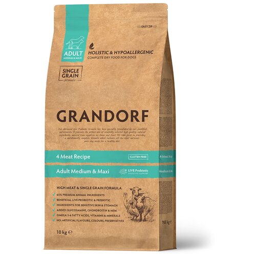 Grandorf Dog 4 Meat&Rice Probiotic Adult Medium & Maxi корм для собак средних и крупных пород 4 мяса с пробиотиками, 10 кг фото, описание