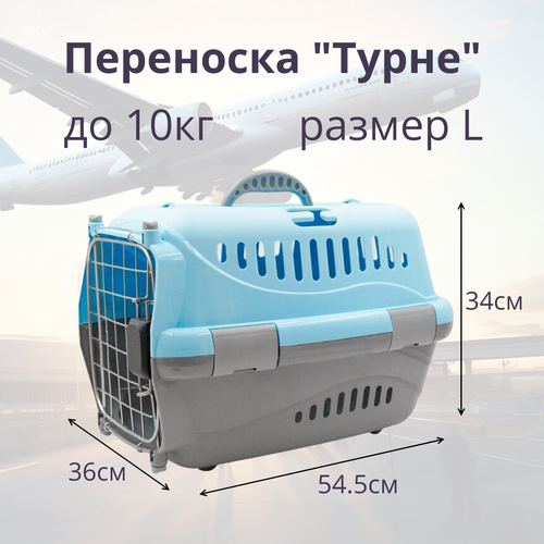 Переноска для животных Zooexpress Турне L авиа с металлической дверцей (коврик + ремень) голубая, 54.5 х 36 х 34см фото, описание