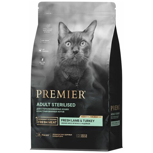 Корм сухой для кошек Premier Cat Lamb&Turkey STERILISED Свежее мясо ягненка с индейкой 400 г фото, описание