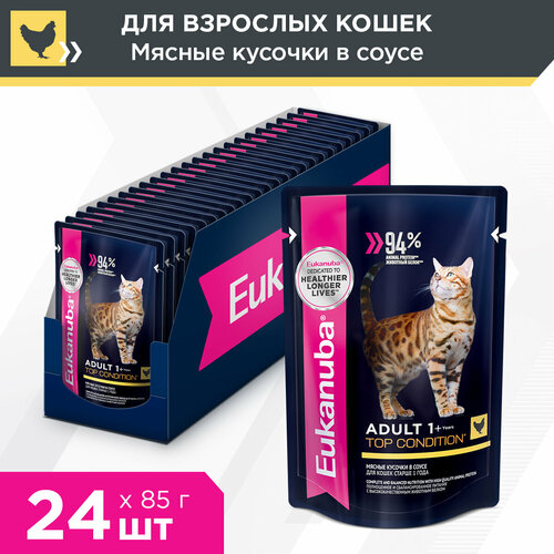 Корм для кошек Eukanuba Adult Top Condition влажный рацион из курицы в соусе, 24х85г фото, описание