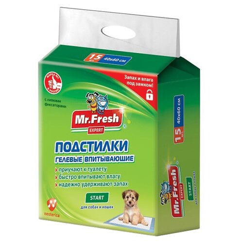 Пеленки для щенков впитывающие Mr. Fresh Expert Start F504 60х40 см 15 шт. 1 шт. 60 см 40 см зеленый фото, описание