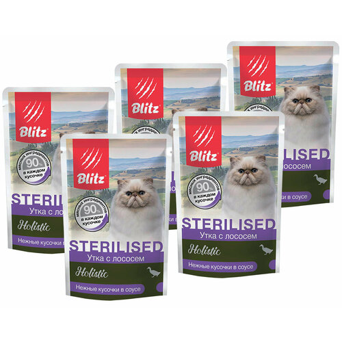 BLITZ HOLISTIC STERILIZED д взр кастр котов и стер кошек утка лосось в соусе пауч 85 гр 85 гр х 5 шт фото, описание