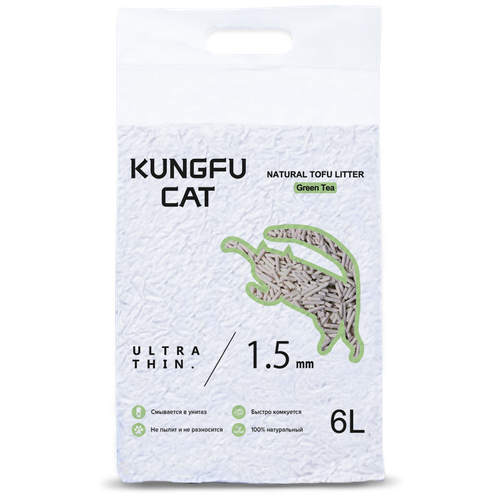 Kungfu Cat Green Tea Наполнитель комкующийся для кошачьего туалета Зеленый чай 6л фото, описание