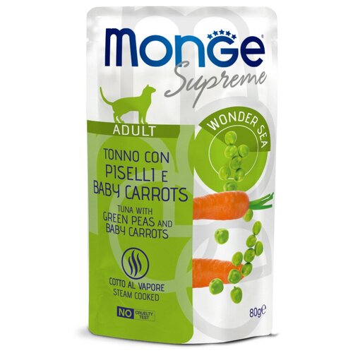 Monge Supreme Adult Cat влажный корм для взрослых кошек с тунцом, зелёным горошком и мини-морковью, в паучах - 80 г х 24 шт фото, описание