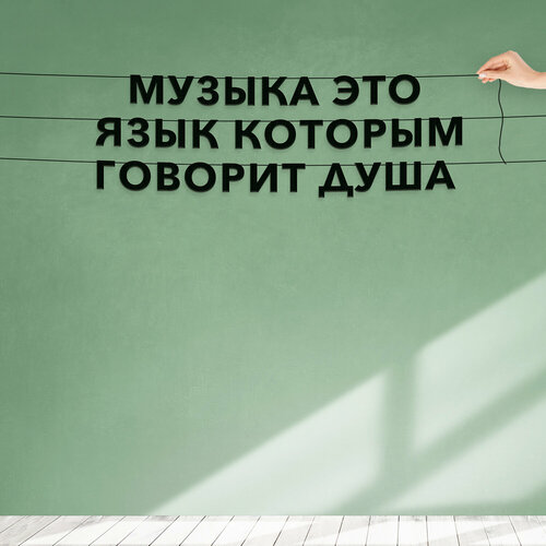 Надпись на стену, Цитата Джимми Хендрикс - “Музыка это язык, которым говорит душа“, черная текстовая растяжка. фото, описание