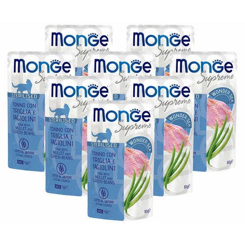 MONGE SUPREME CAT STERILISED для взр каст кот и стери кошек с тунц, кефал, зел фасолью пауч 80гр NEW 80 гр х 8 шт фото, описание