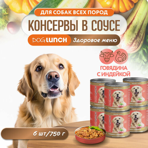 Корм влажный DOG LUNCH говядина и индейка в соусе для собак (6шт x 750г) фото, описание