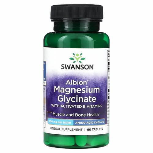 Магний глицинат с витаминами группы В, Swanson Albion Magnesium Glycinate with Activated B Vitamins, 200 мг 60 таблеток фото, описание