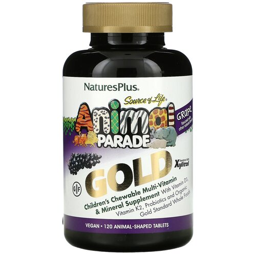 Nature's Plus Source of Life Animal Parade Gold Мультивитамины и минералы для детей, вкус натуральный виноград, 120 таб. В форме животных фото, описание