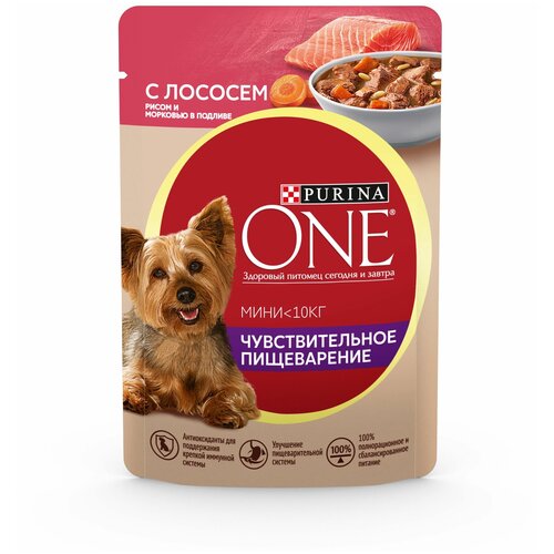 Влажный корм для собак Purina ONE для мелких пород при чувствительном пищеварении с лососем 85 г х 52 шт фото, описание