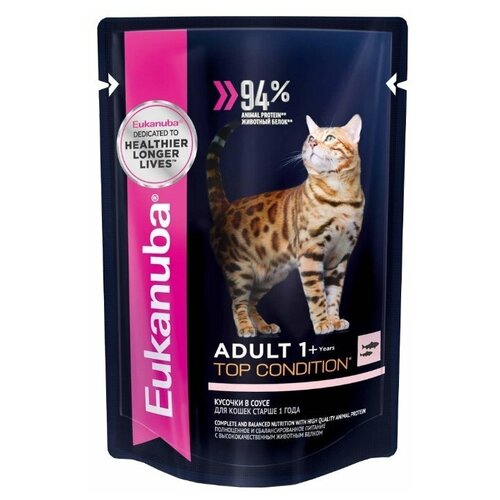 Влажный корм для кошек Eukanuba Top Condition, для здоровья кожи и блеска шерсти, с лососем 85 г (кусочки в соусе) фото, описание