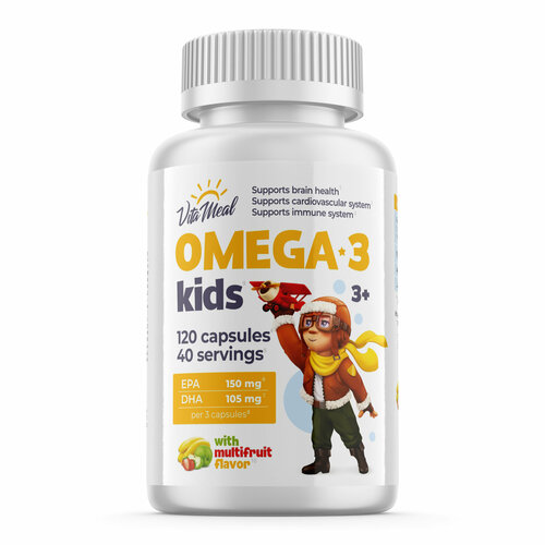 Омега 3 для детей VitaMeal Omega-3 Kids детская с 3 лет, 120 капсул, мультифрукт фото, описание