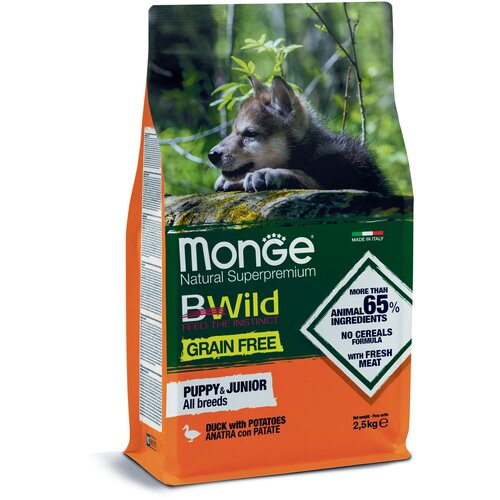 Сухой корм для щенков Monge BWILD Feed the Instinct, утка, с картофелем 1 уп. х 6 шт. х 2500 г фото, описание