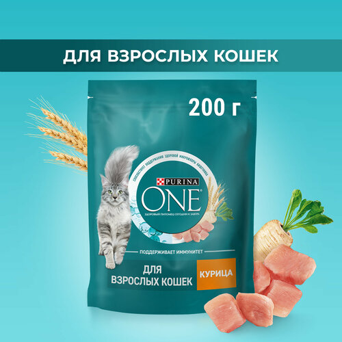 PURINA ONE 200 г сухой корм для взрослых кошек, с высоким содержанием курицы и цельными злаками фото, описание