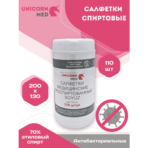 Спиртовые салфетки 200х130мм 110шт антисептические антибактериальные UnicornMed дезинфицирующие фото, описание