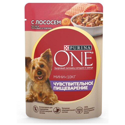 Влажный корм для собак Purina ONE Мини Чувствительная, при чувствительном пищеварении, лосось, с рисом, с морковью 1 уп. х 1 шт. х 85 г (для мелких и карликовых пород) фото, описание