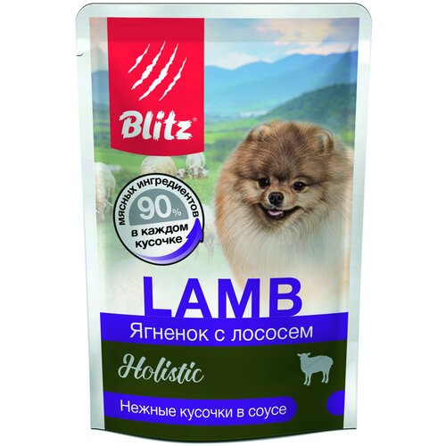 BLITZ LAMB ягненок С лососем кусочки в соусе корм консервированный полнорационный для собак мелких пород всех возрастов 85г х 24шт. фото, описание