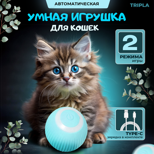 Игрушка для кошек, интерактивный мяч, дразнилка для котов, 2 режима, зарядка USB в комплекте (голубой цвет) фото, описание