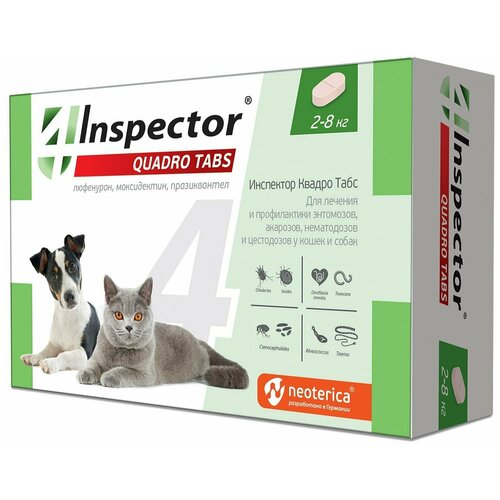 Экопром Inspector Quadro Tabs таблетки для кошек и собак от 2 до 8 кг от внешних и внутренних паразитов 1таб/уп 4 таб фото, описание