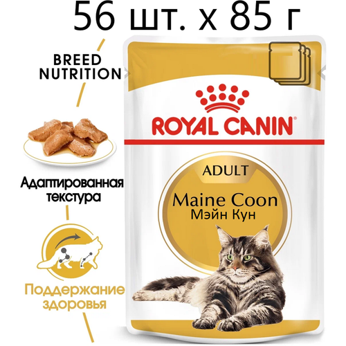 Влажный корм для кошек Royal Canin Maine Coon Adult, для взрослых кошек породы мейн-кун, 56 шт. х 85 г (кусочки в соусе) фото, описание