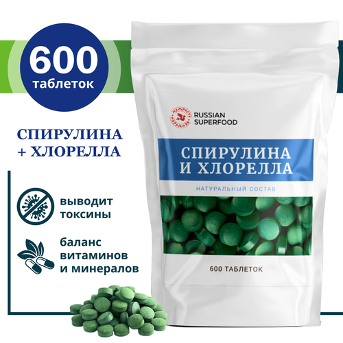 БАД спирулина + хлорелла Russian Superfood/ 600 таблеток по 500 мг. /таблетки для похудения, фото, описание