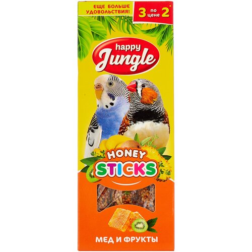 Лакомство для птиц Happy Jungle мед + фрукты , 90 г , 3 шт. в уп. фото, описание