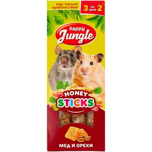 Лакомство для кроликов, хорьков, грызунов Happy Jungle Honey sticks Мед и орехи, 90 г, 3 шт. в уп. фото, описание