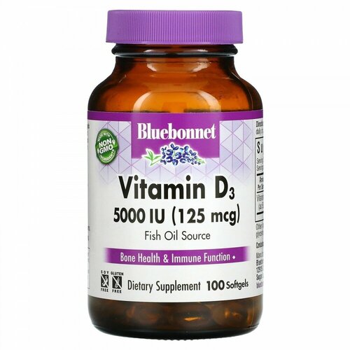 Bluebonnet Nutrition, Vitamin D3, 125 mcg (5,000 IU), 100 Softgels фото, описание