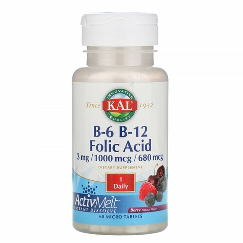 KAL B6 B12 Folic Acid (B-6 B-12 Фолиевая кислота) со вкусом ягод 60 таблеток фото, описание