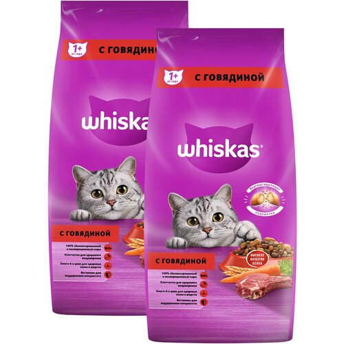 WHISKAS аппетитный обед для взрослых кошек c говядиной с нежным паштетом (5 + 5 кг) фото, описание