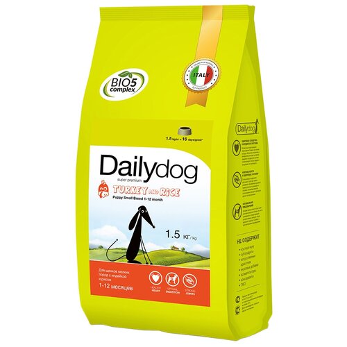 Сухой корм для щенков DailyDog индейка, с рисом 1 уп. х 2 шт. х 1500 г (для мелких пород) фото, описание