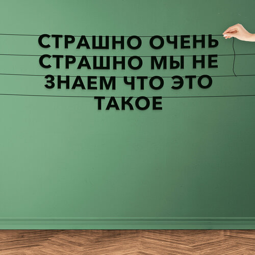 Декор интерьерный черные буквы, Мемы - “Страшно очень страшно мы не знаем что это такое“, черная текстовая растяжка. фото, описание