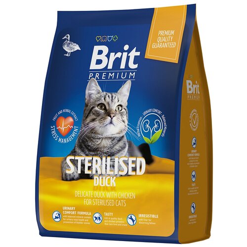 Brit Premium Cat Duck & Chicken сухой премиум класса с уткой и курицей для взрослых стерилизованных кошек, 2кг, 1шт фото, описание