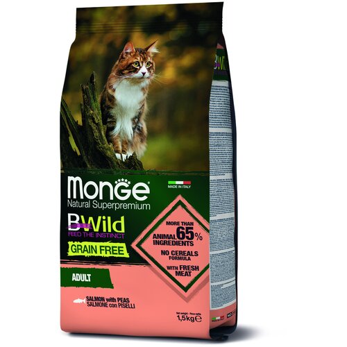 Сухой корм для кошек Monge BWILD Feed the Instinct, беззерновой, с лососем, с горошком 1500 г (кусочки в желе) фото, описание