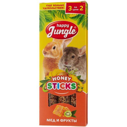 Лакомство для кроликов, хорьков, грызунов Happy Jungle Honey sticks Мед и фрукты, 90 г, 3 шт. в уп. фото, описание