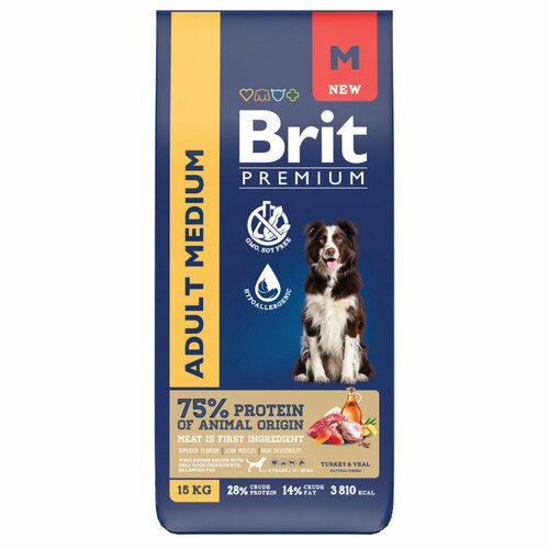 Brit Premium Dog Adult Medium сухой корм для взрослых собак средних пород (10-25 кг), с индейкой и телятиной - 15 кг фото, описание