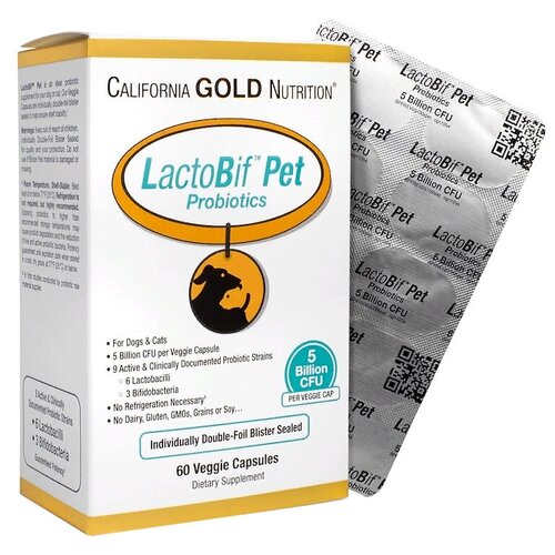 California Gold Nutrition LactoBif Pet Probiotics, 130 г, 60шт. в уп. фото, описание