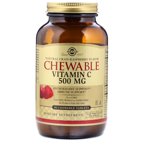 Solgar Chewable Vitamin C Natural Cran-Raspberry Flavor таб. жев., 500 мг, 250 мл, 800 г, 90 шт., малина фото, описание