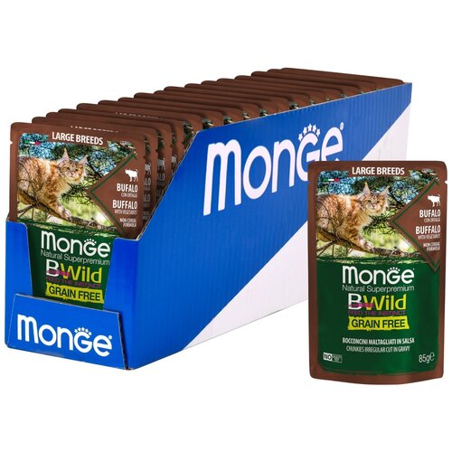 Влажный корм для кошек Monge BWILD Feed the Instinct, с буйволом, с овощами 14 шт. х 85 г (кусочки в соусе) фото, описание