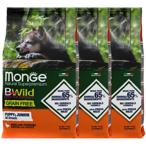 Сухой корм для щенков Monge BWILD Feed the Instinct, утка, с картофелем 1 уп. х 3 шт. х 2500 г фото, описание