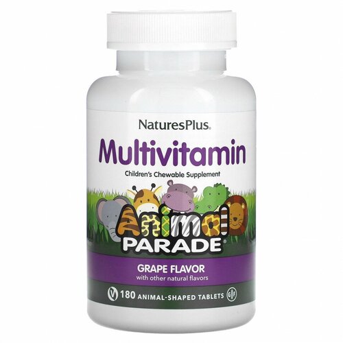 NaturesPlus, Source of Life, Animal Parade, жевательные мультивитамины для детей, со вкусом винограда, 180 таблеток в форме животных фото, описание