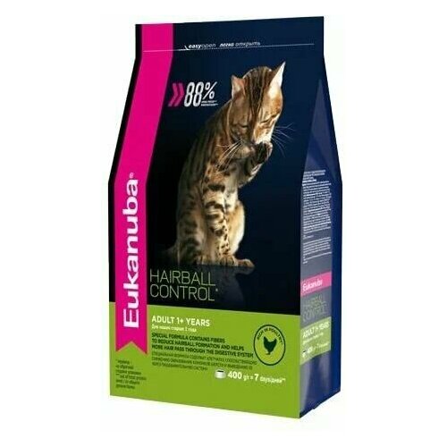 EUKANUBA ADULT HAIRBALL INDOOR 400 гр сухой корм для взрослых кошек живущих в помещении и способствующий выведению шерсти с домашней птицей 5шт фото, описание