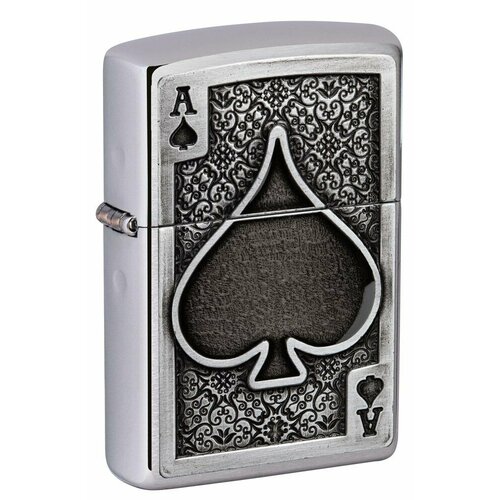 Зажигалка ZIPPO Ace Of Spades с покрытием Brushed Chrome, латунь/сталь, серебристая, 38x13x57 мм фото, описание