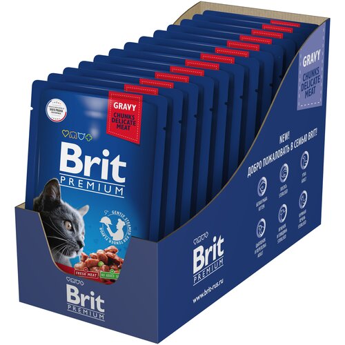 Влажный корм для кошек Brit Premium, беззерновой, с говядиной, с горошком 14 шт. х 85 г (кусочки в соусе) фото, описание