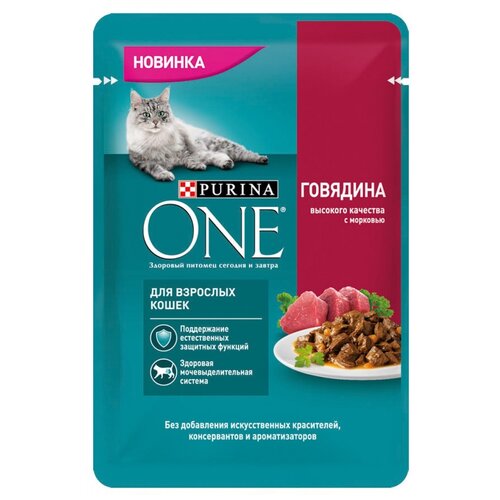 корм для кошек Purina ONE говядина, с морковью 28 шт. х 75 г (кусочки в соусе) фото, описание