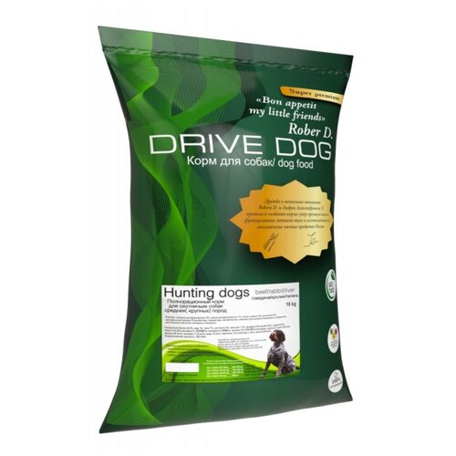 DRIVE DOG Hunting Dogs beef/rabbit/liver 15кг полнорационный сухой корм для Охотничьих собак средних и крупных пород говядина кролик и печень фото, описание